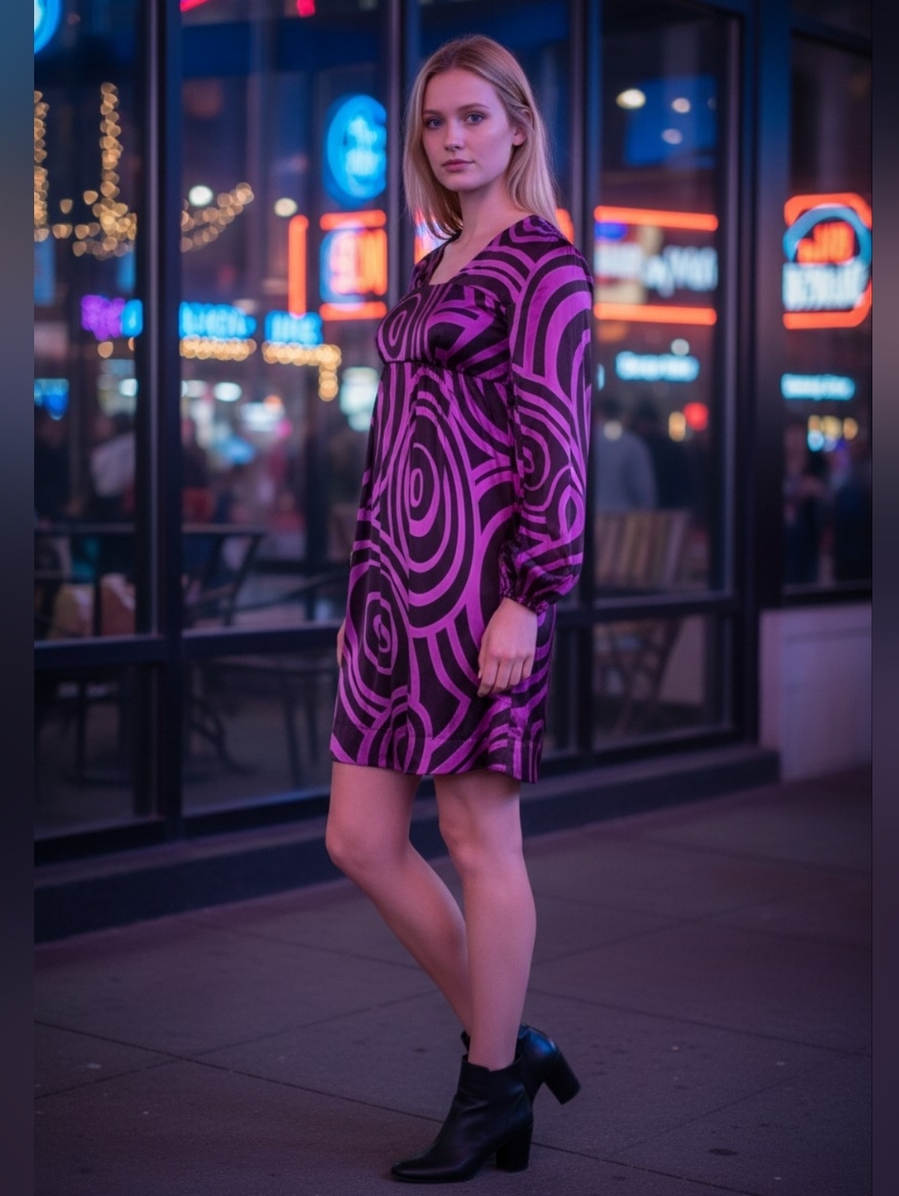 Sandra Angelozzi Women's Empire Waist Silk Midi Dress Purple Black XS
